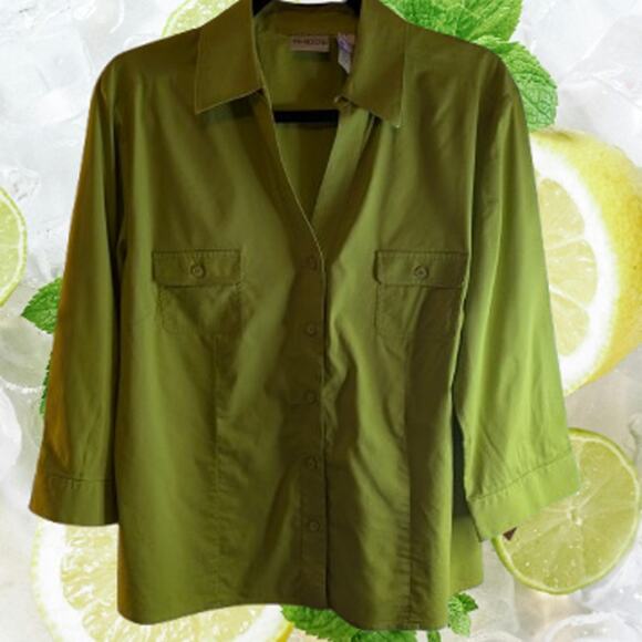 Chico's (2) or medium 3/4 sleeve dual pockets green polyester blend stretch top. - Picture 1 of 1